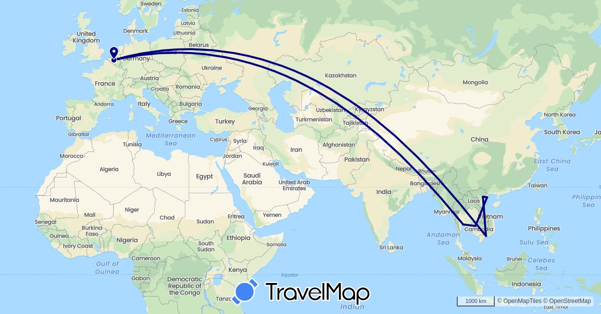 TravelMap itinerary: driving in Belgium, Cambodia, Thailand, Vietnam (Asia, Europe)